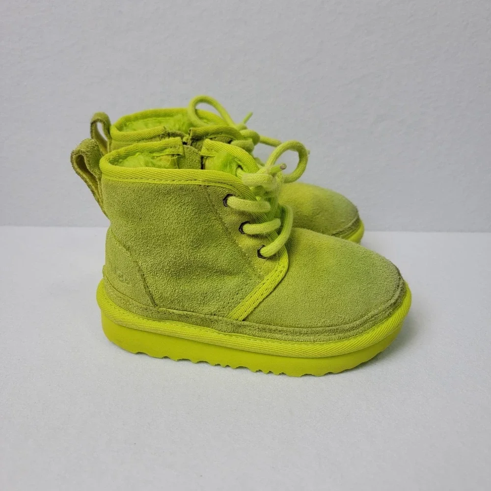 UGG Toddler Neumel II Boots Size 9T Neon Lime Green Sulphur Suede Lace Up Zip‎